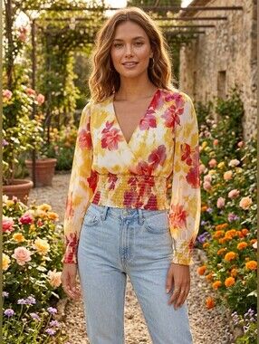 Elegant Floral Wrap Blouse - Yellow and Red